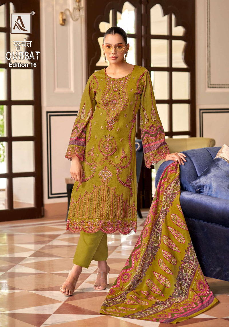 Alok Suit Qurbat vol 16 Cotton  Cambric Front Full Embroidery With Daman And Sleeves Patch With Back Pakistani Printed Salwar Suit