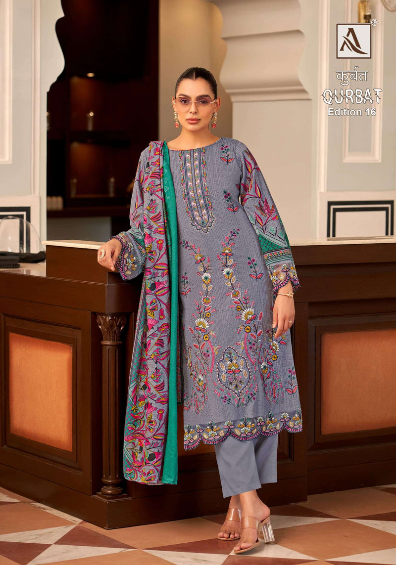 Alok Suit Qurbat vol 16 Cotton  Cambric Front Full Embroidery With Daman And Sleeves Patch With Back Pakistani Printed Salwar Suit