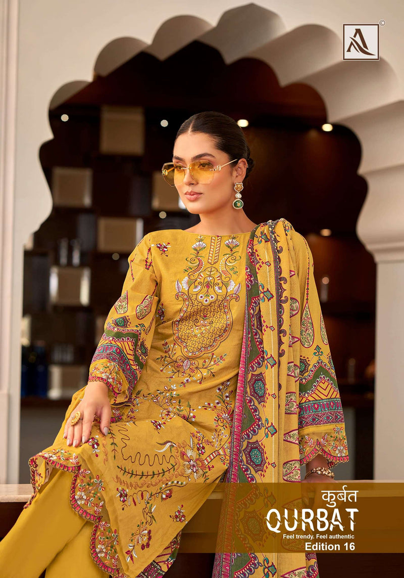 Alok Suit Qurbat vol 16 Cotton  Cambric Front Full Embroidery With Daman And Sleeves Patch With Back Pakistani Printed Salwar Suit