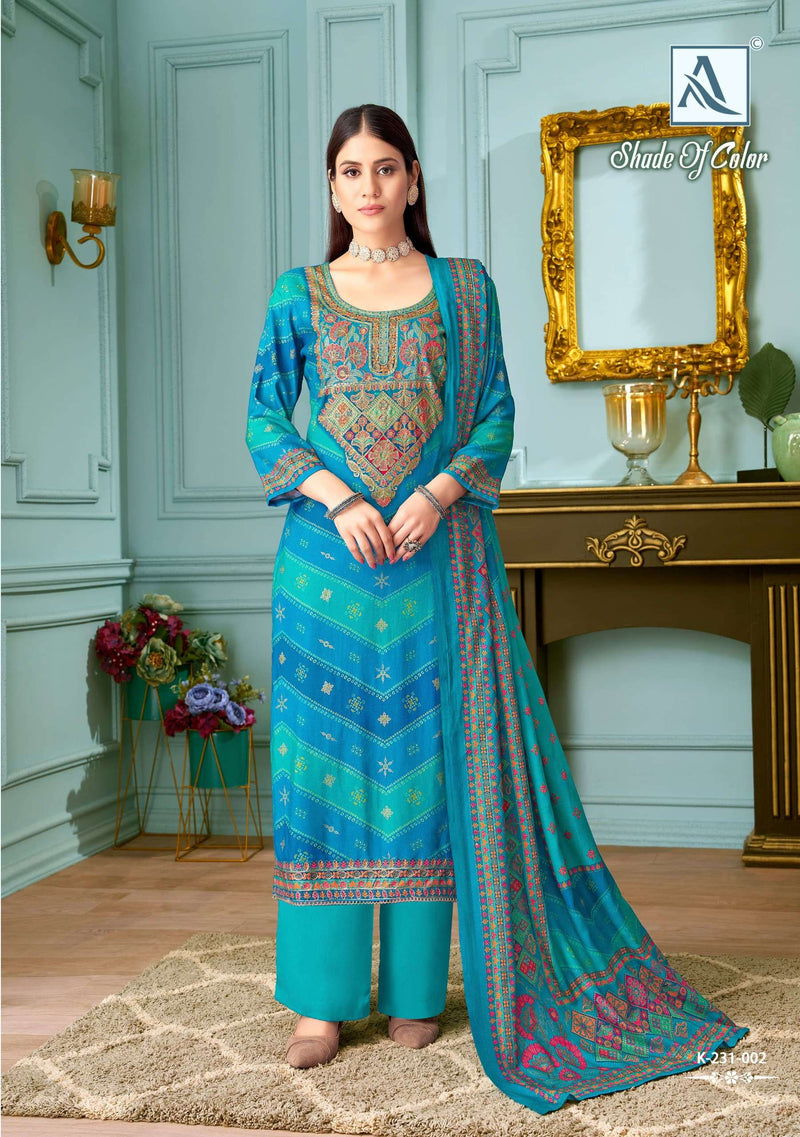 Alok Suit Shades Of Color Pure Viscose Pashmina Print With Handwork Salwar Suit