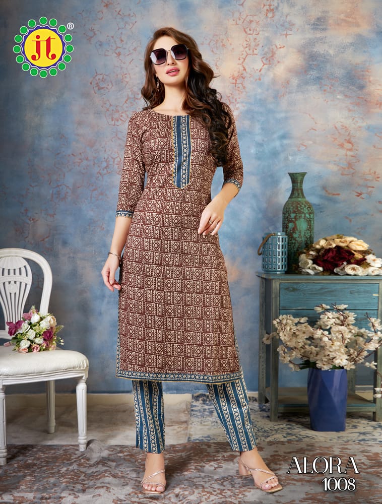 Jt Alora Mul Cotton Printed Tie Pattern Kurti With Pant