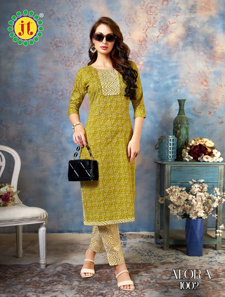 Jt Alora Mul Cotton Printed Tie Pattern Kurti With Pant