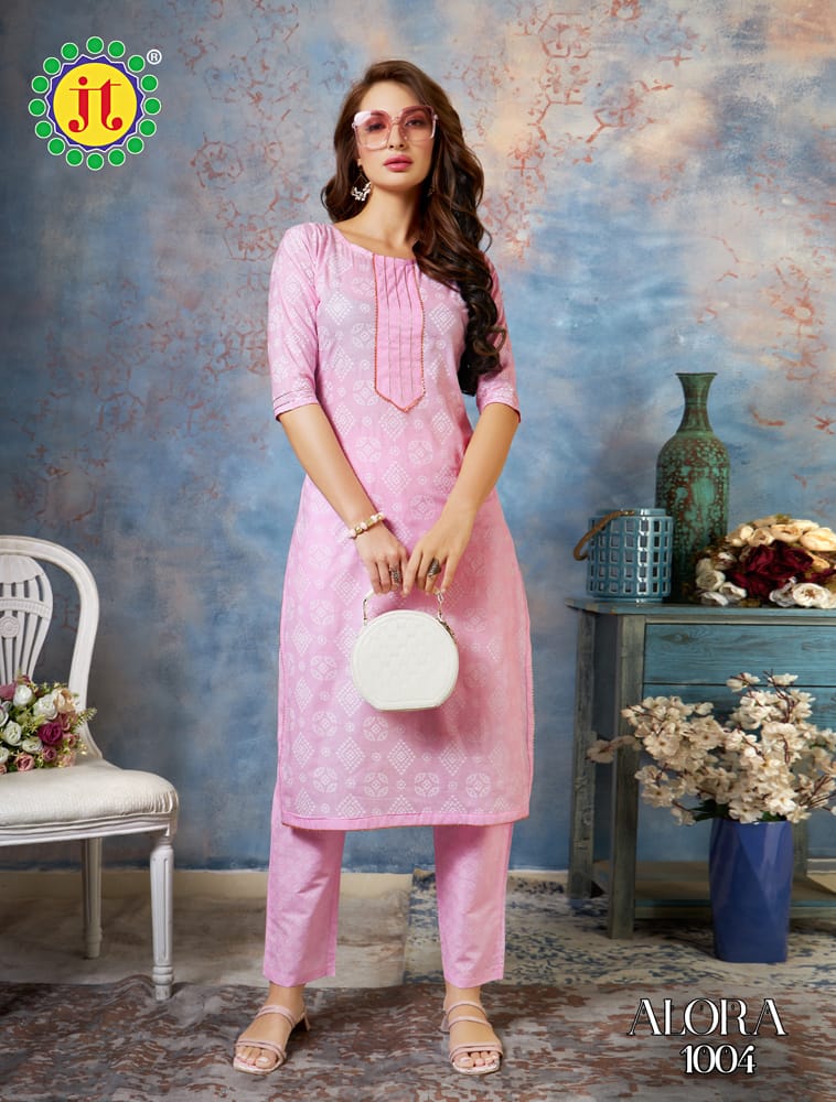 Jt Alora Mul Cotton Printed Tie Pattern Kurti With Pant