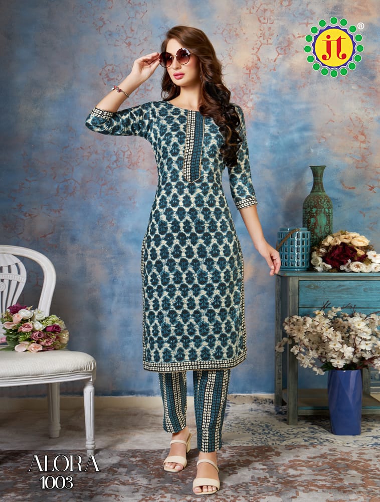 Jt Alora Mul Cotton Printed Tie Pattern Kurti With Pant
