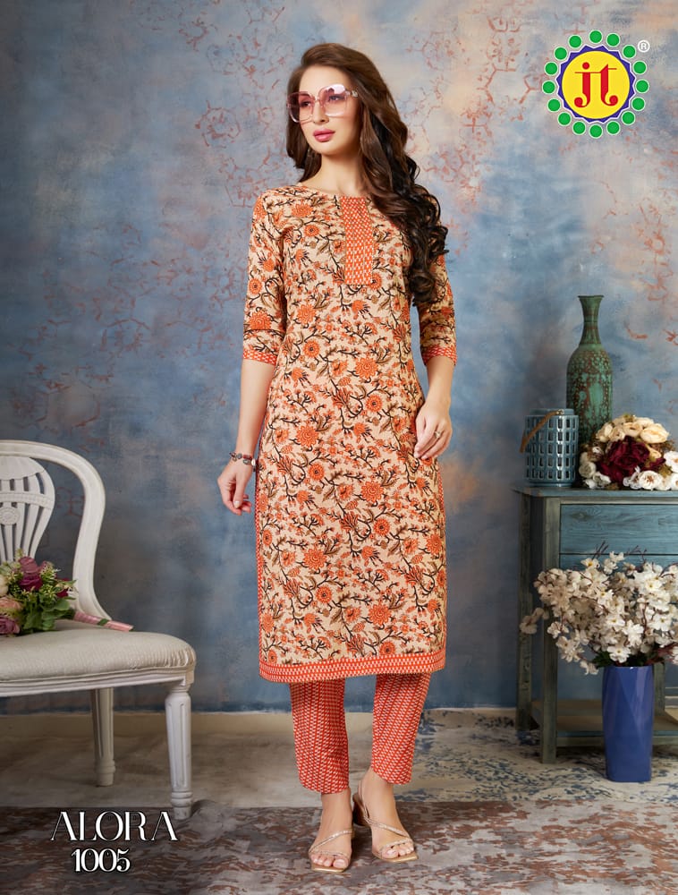 Jt Alora Mul Cotton Printed Tie Pattern Kurti With Pant