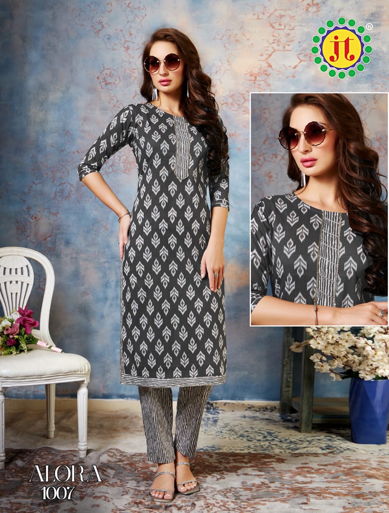 Jt Alora Mul Cotton Printed Tie Pattern Kurti With Pant