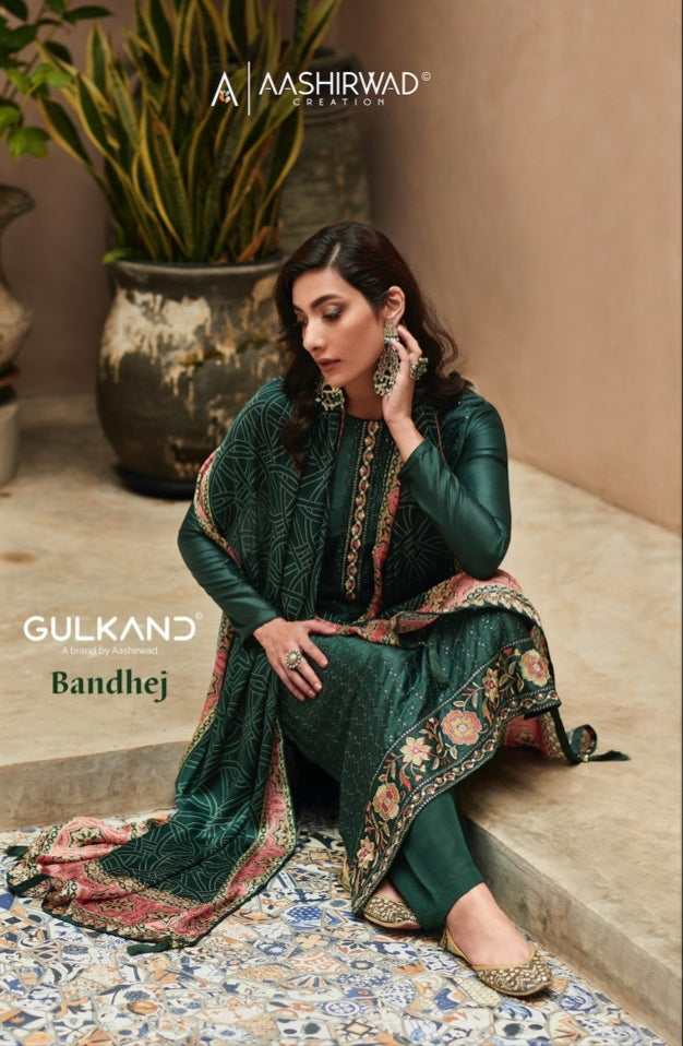 Aashirwad Creation Bandhej Premium Silk With Embroidery Designer Suits