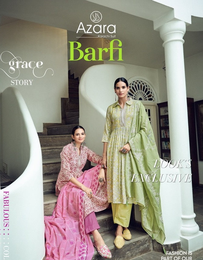 Radhika Fashion Azara Barfi Cotton Print With Fancy Neck Work Designer Suits