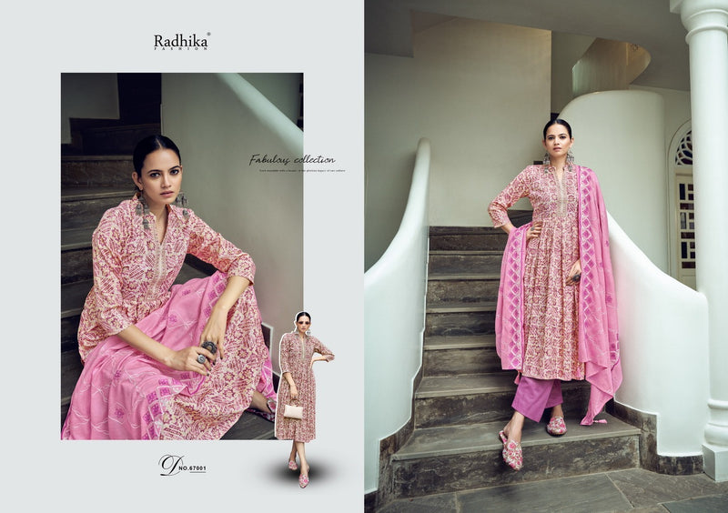 Radhika Fashion Azara Barfi Cotton Print With Fancy Neck Work Designer Suits