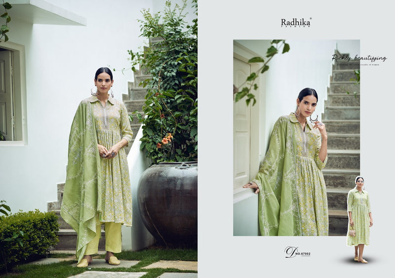 Radhika Fashion Azara Barfi Cotton Print With Fancy Neck Work Designer Suits