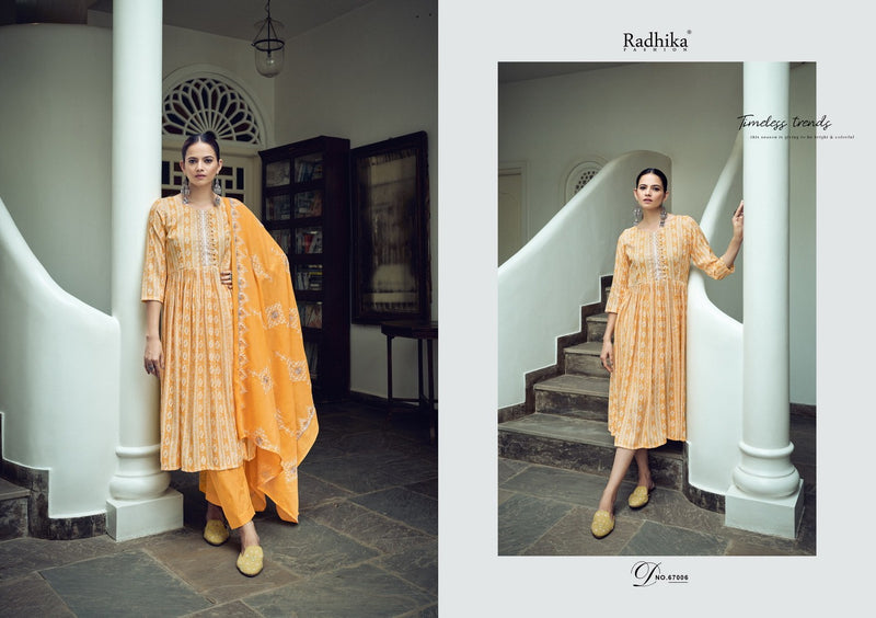 Radhika Fashion Azara Barfi Cotton Print With Fancy Neck Work Designer Suits