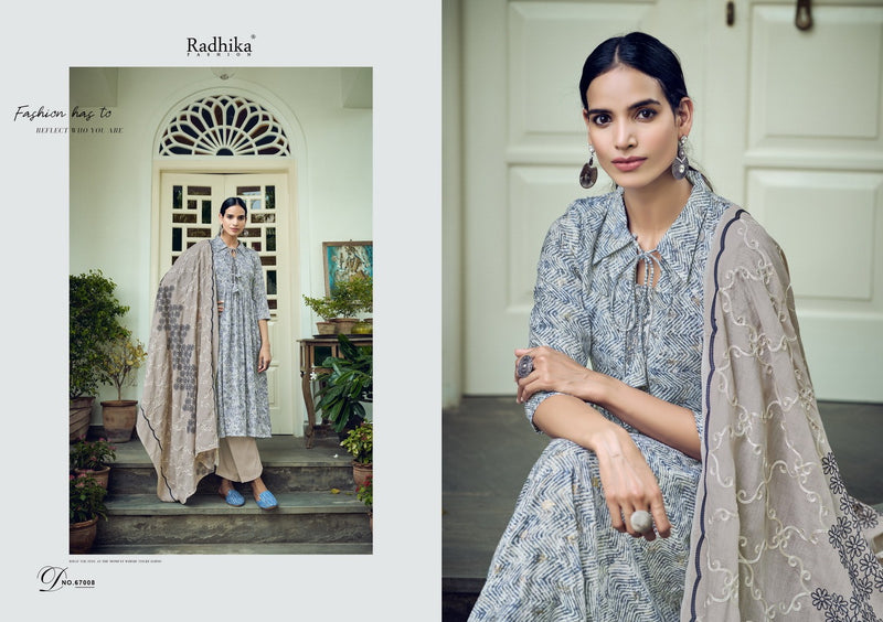 Radhika Fashion Azara Barfi Cotton Print With Fancy Neck Work Designer Suits