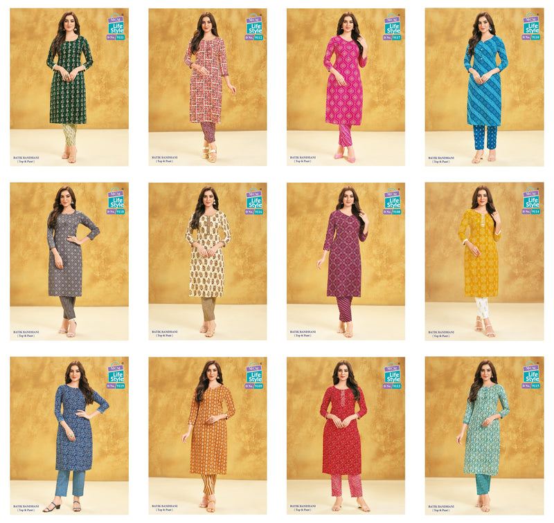 Mcm Lifestyle Batik Bandhani Cotton Print Fancy Straight Regular Wear Kurti With Pant Combo