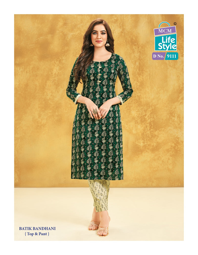 Mcm Lifestyle Batik Bandhani Cotton Print Fancy Straight Regular Wear Kurti With Pant Combo