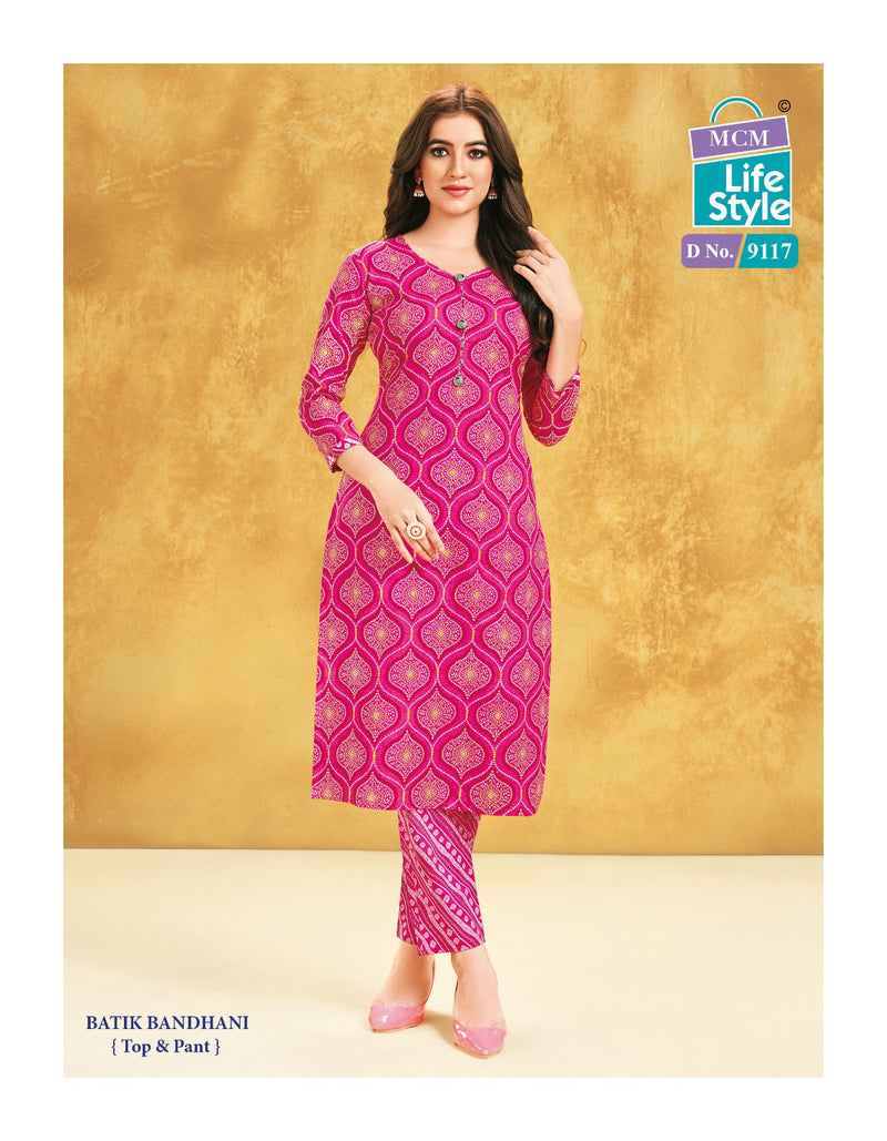 Mcm Lifestyle Batik Bandhani Cotton Print Fancy Straight Regular Wear Kurti With Pant Combo