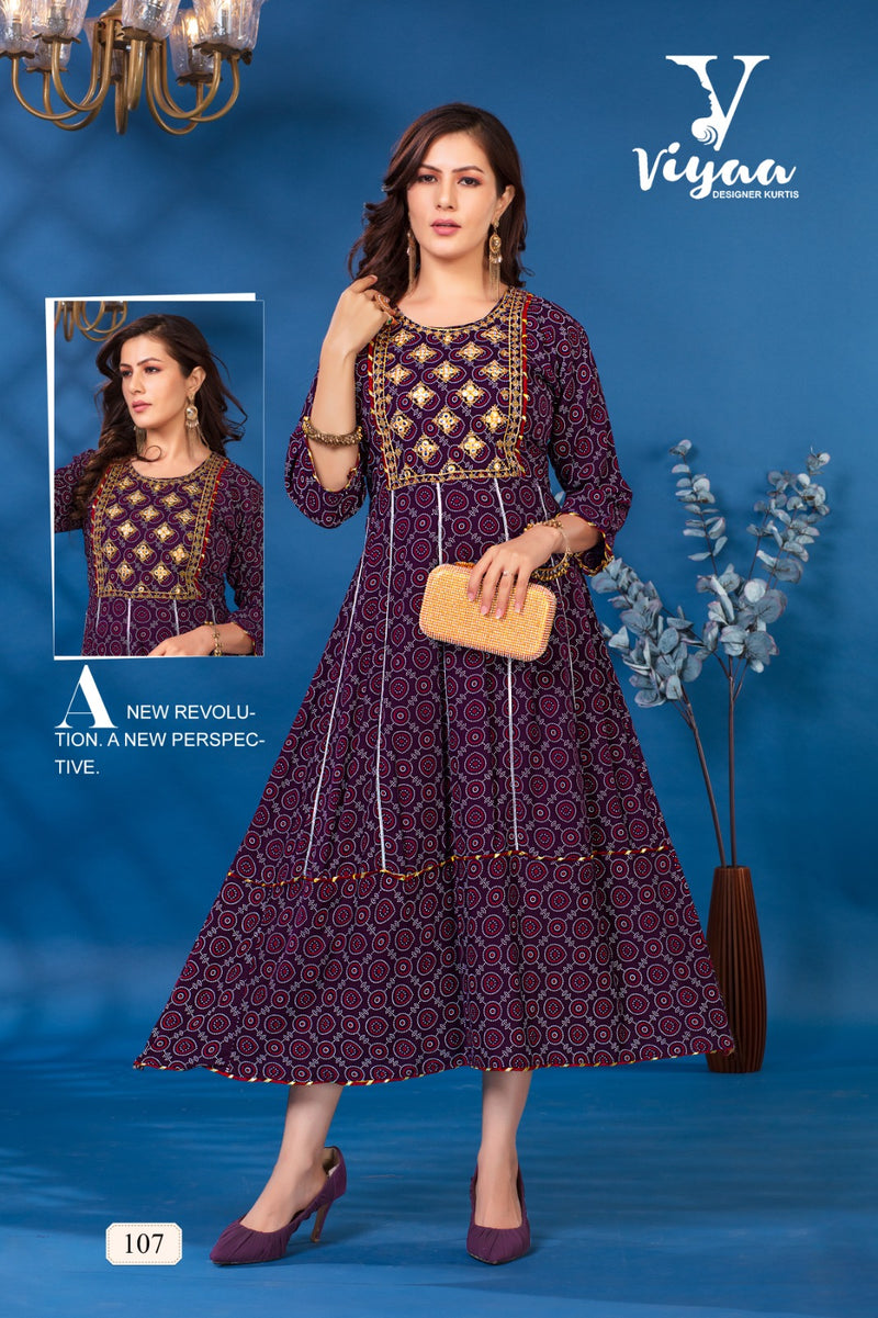 Viyaa Designer Bandhej Vol 1 Rayon Foil Print Fancy Kurtis