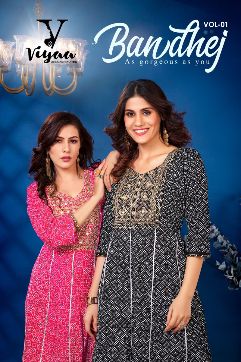 Viyaa Designer Bandhej Vol 1 Rayon Foil Print Fancy Kurtis
