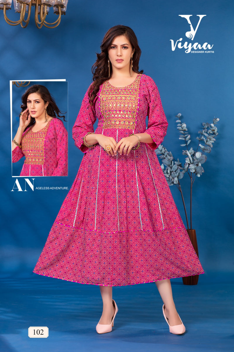Viyaa Designer Bandhej Vol 1 Rayon Foil Print Fancy Kurtis
