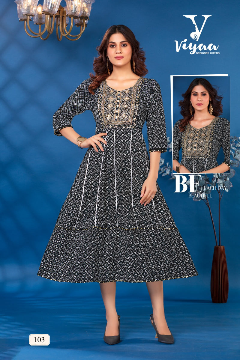 Viyaa Designer Bandhej Vol 1 Rayon Foil Print Fancy Kurtis