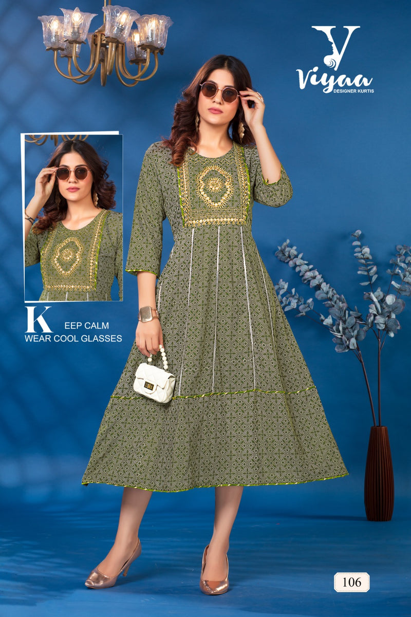 Viyaa Designer Bandhej Vol 1 Rayon Foil Print Fancy Kurtis