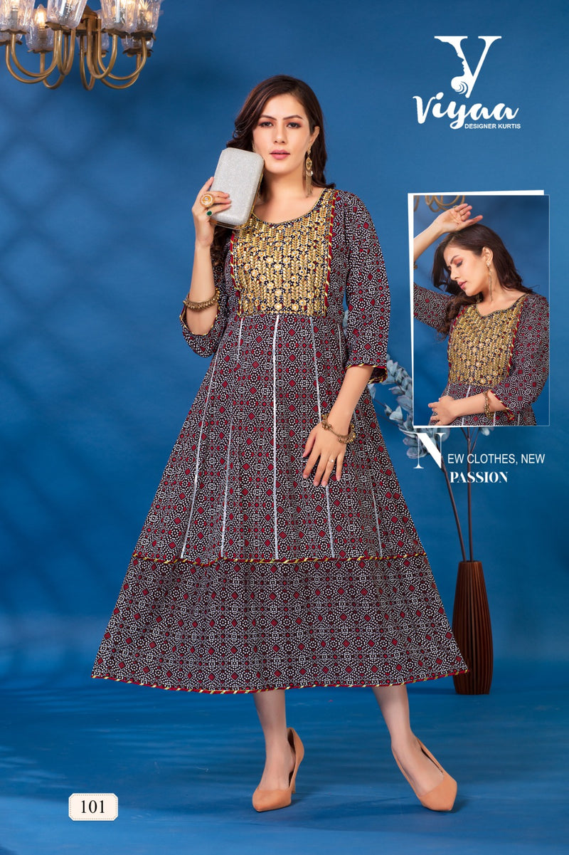 Viyaa Designer Bandhej Vol 1 Rayon Foil Print Fancy Kurtis