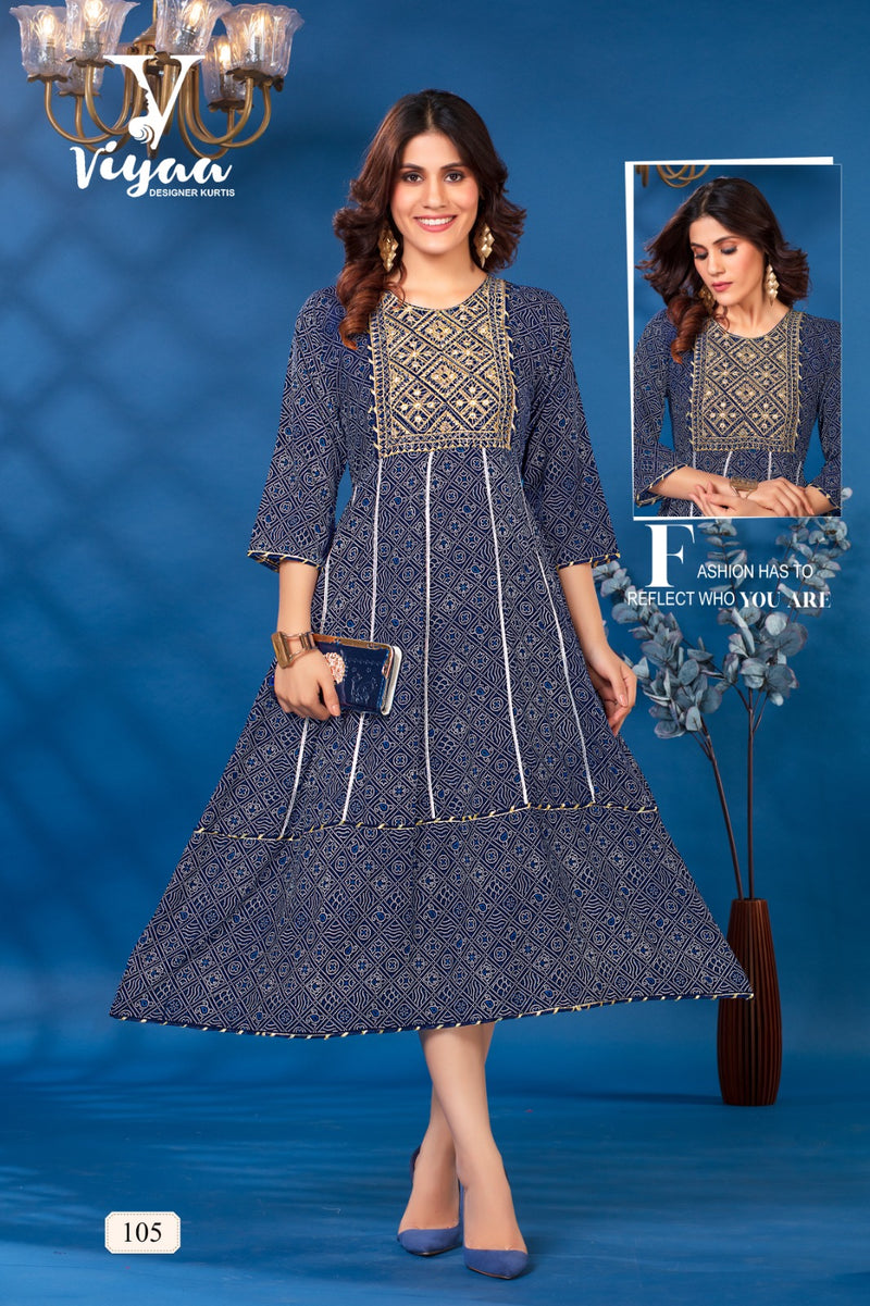Viyaa Designer Bandhej Vol 1 Rayon Foil Print Fancy Kurtis