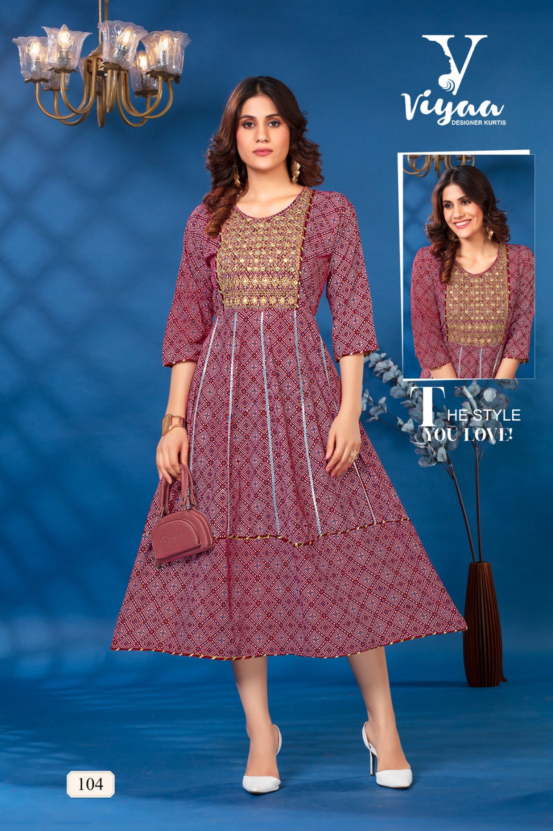 Viyaa Designer Bandhej Vol 1 Rayon Foil Print Fancy Kurtis