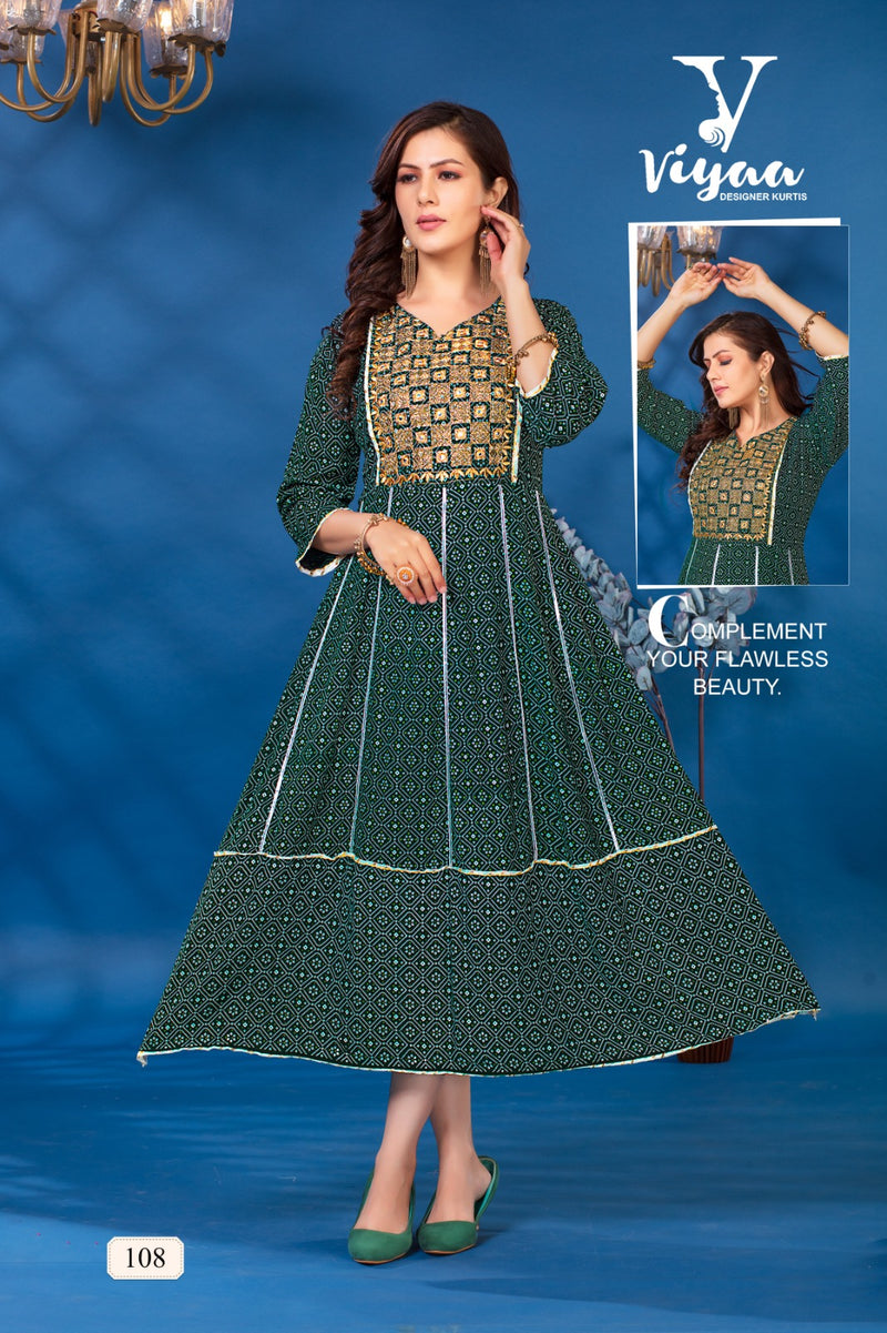 Viyaa Designer Bandhej Vol 1 Rayon Foil Print Fancy Kurtis