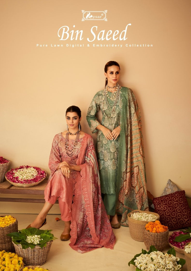 Kesar Bin Saeed Lawn Digital Print Daman Heavy Boring Embroidery Scalping Fancy Partywear Salwar Suits