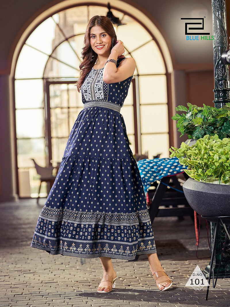 Blue Hills Bisleri Rayon Long Frill Printed Party Wear Designer Gown Collection