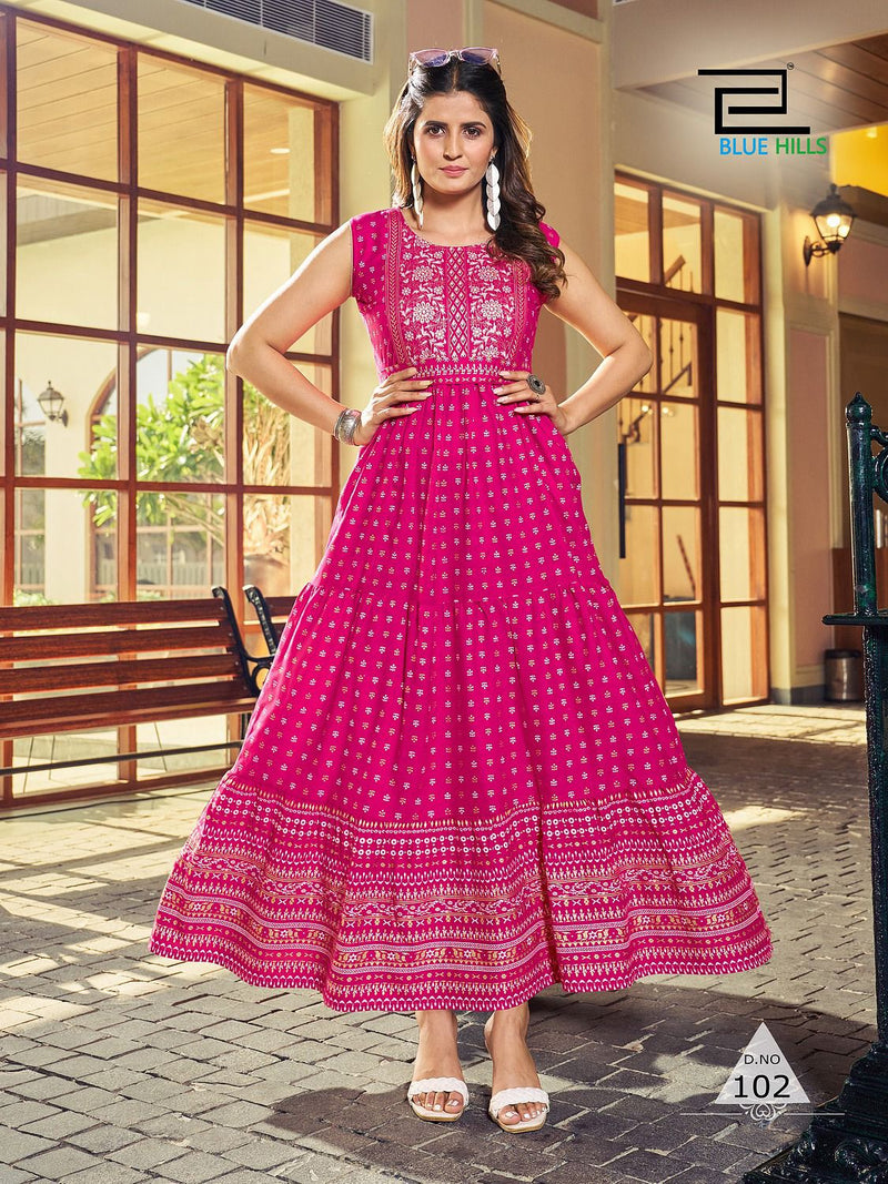 Blue Hills Bisleri Rayon Foil Prined Designer Fancy Gowns
