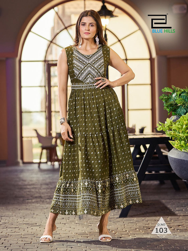 Blue Hills Bisleri Rayon Foil Prined Designer Fancy Gowns