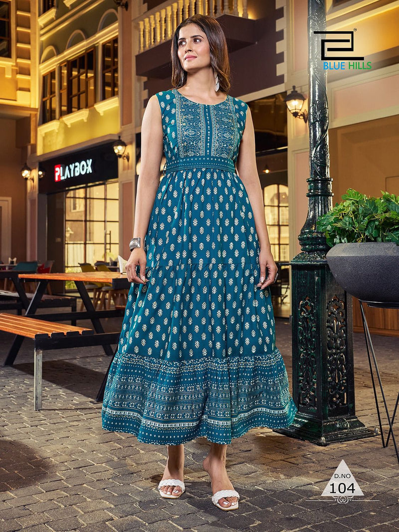 Blue Hills Bisleri Rayon Long Frill Printed Party Wear Designer Gown Collection