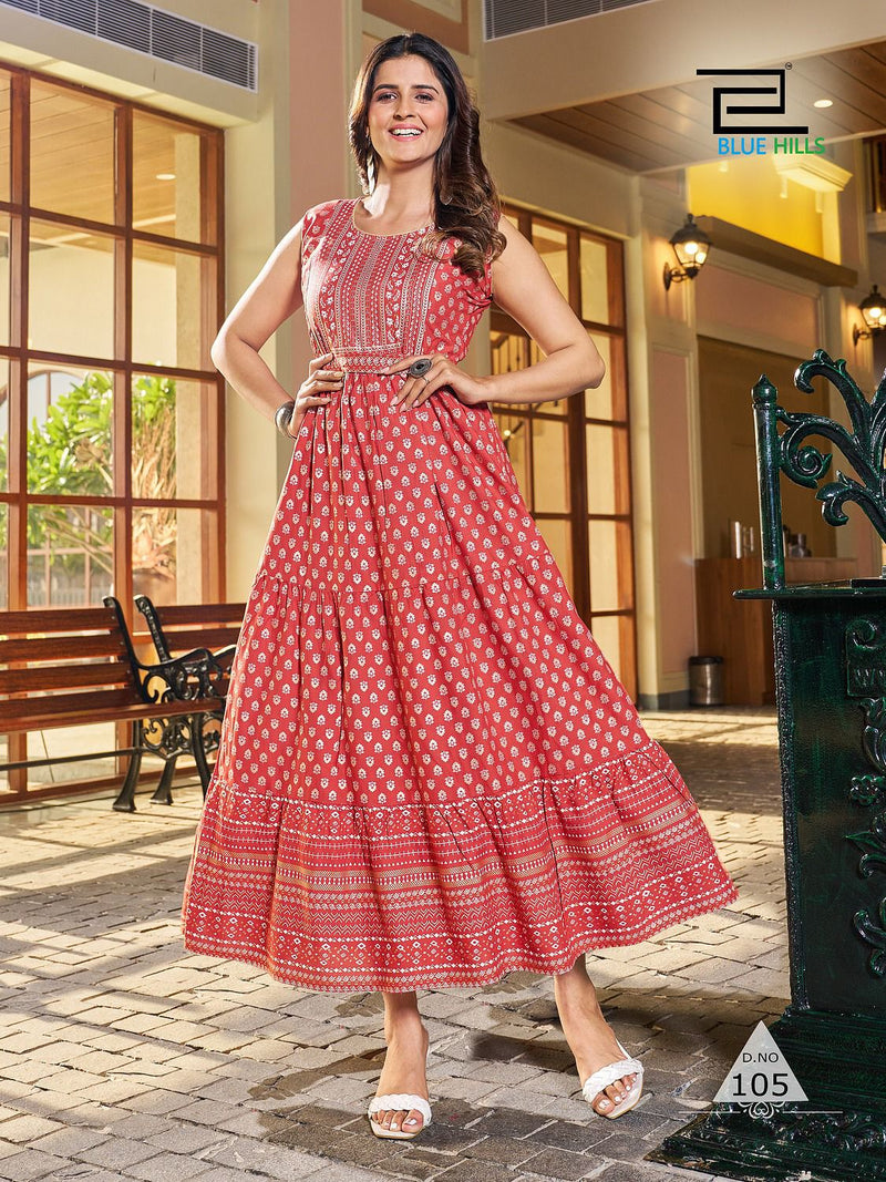 Blue Hills Bisleri Rayon Long Frill Printed Party Wear Designer Gown Collection