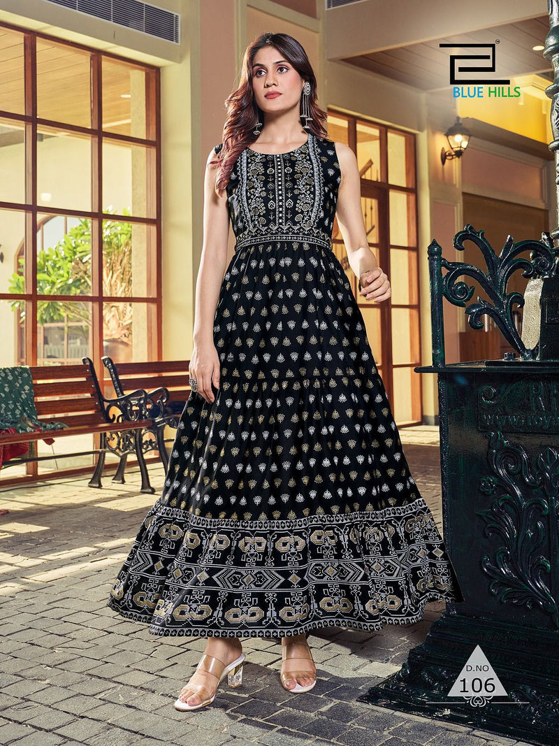 Blue Hills Bisleri Rayon Long Frill Printed Party Wear Designer Gown Collection
