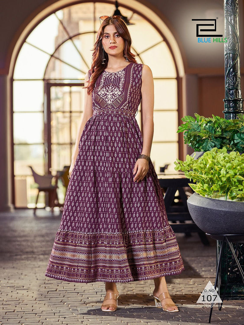 Blue Hills Bisleri Rayon Long Frill Printed Party Wear Designer Gown Collection