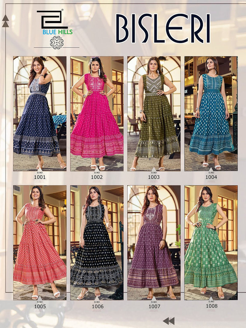 Blue Hills Bisleri Rayon Long Frill Printed Party Wear Designer Gown Collection