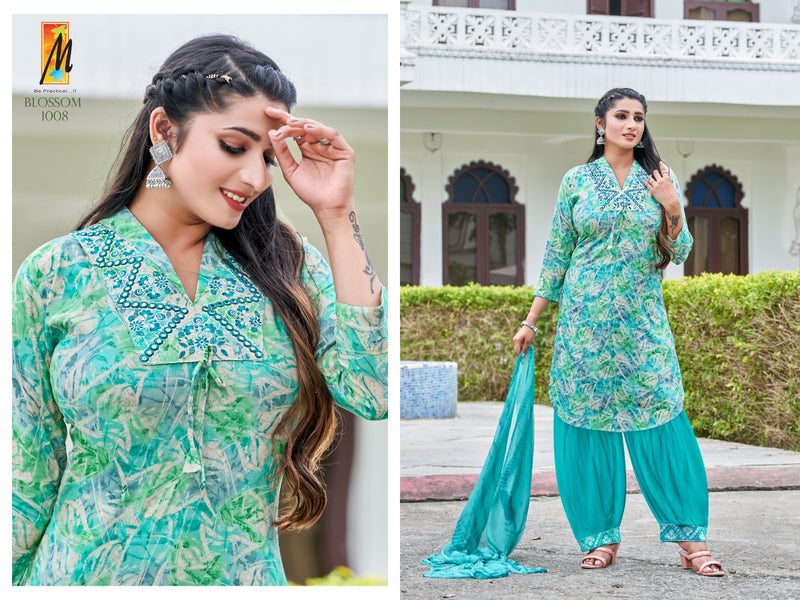 Master Blossom Rayon Foil Prints With Fancy Work Kurti With Bottom & Dupatta