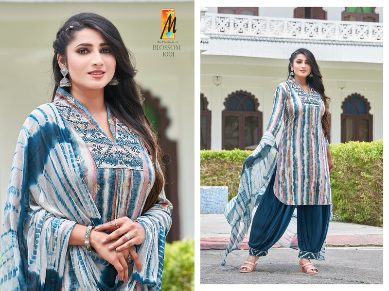Master Blossom Rayon Foil Prints With Fancy Work Kurti With Bottom & Dupatta