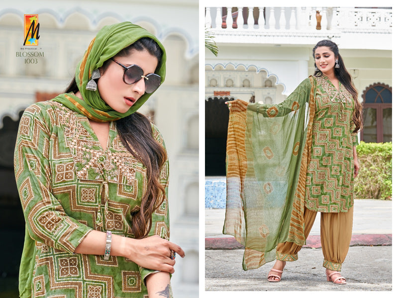 Master Blossom Rayon Foil Prints With Fancy Work Kurti With Bottom & Dupatta