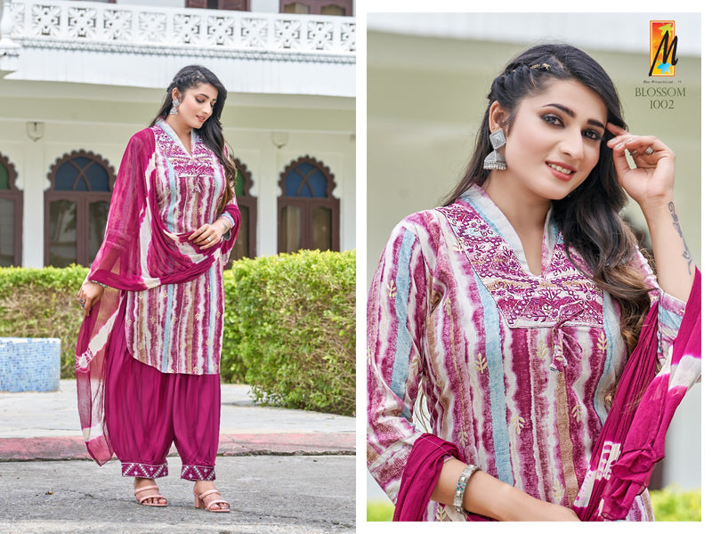 Master Blossom Rayon Foil Prints With Fancy Work Kurti With Bottom & Dupatta