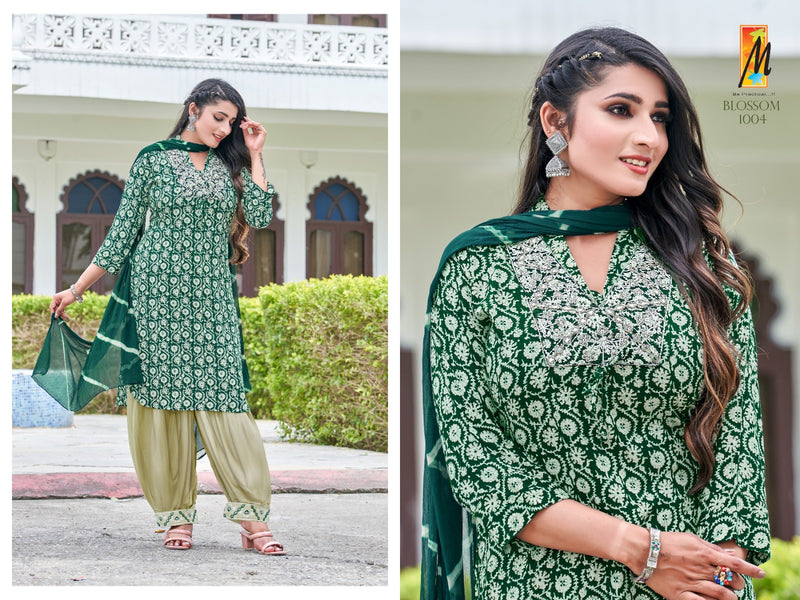 Master Blossom Rayon Foil Prints With Fancy Work Kurti With Bottom & Dupatta