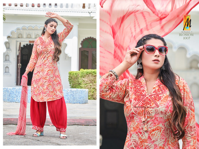 Master Blossom Rayon Foil Prints With Fancy Work Kurti With Bottom & Dupatta