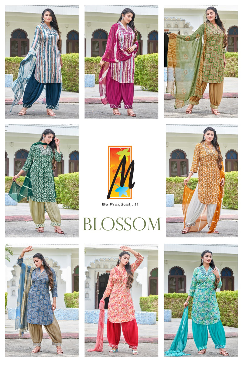 Master Blossom Rayon Foil Prints With Fancy Work Kurti With Bottom & Dupatta