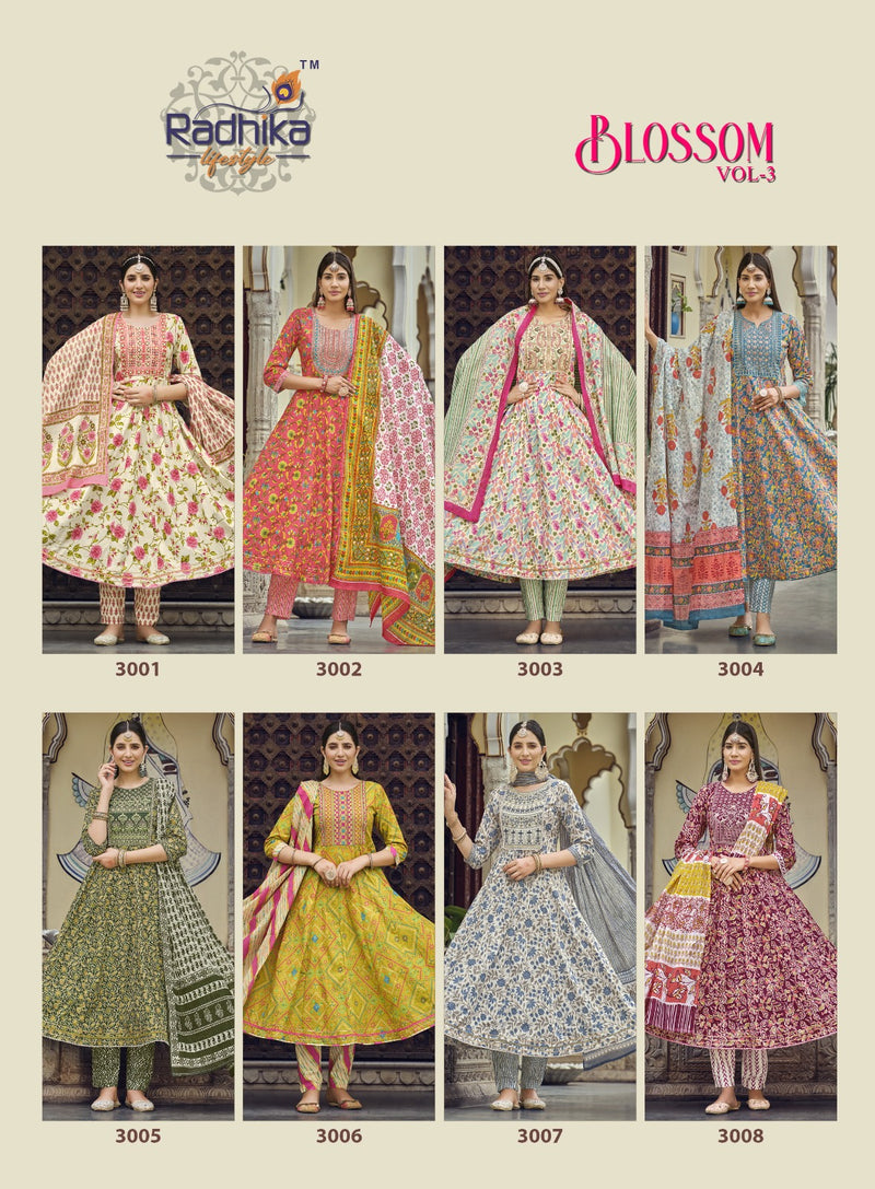 Radhika Life Style Blossom Vol 3 Cotton Print With Embroidery Work Kurti Combo Set
