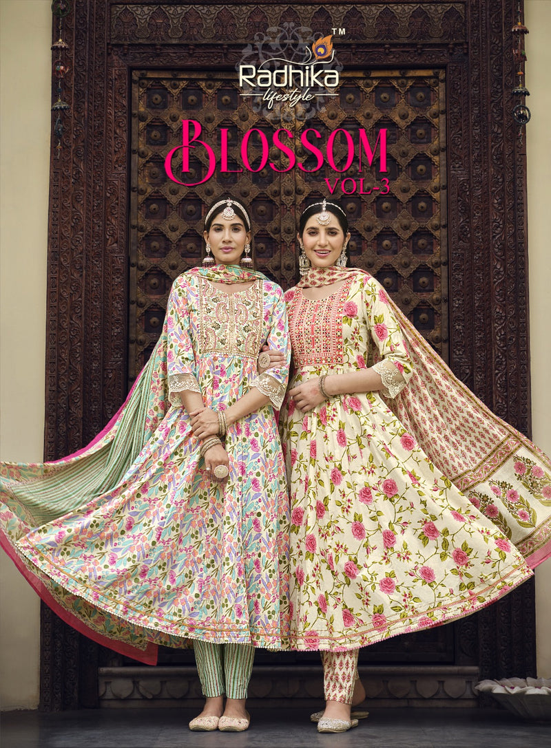 Radhika Life Style Blossom Vol 3 Cotton Print With Embroidery Work Kurti Combo Set