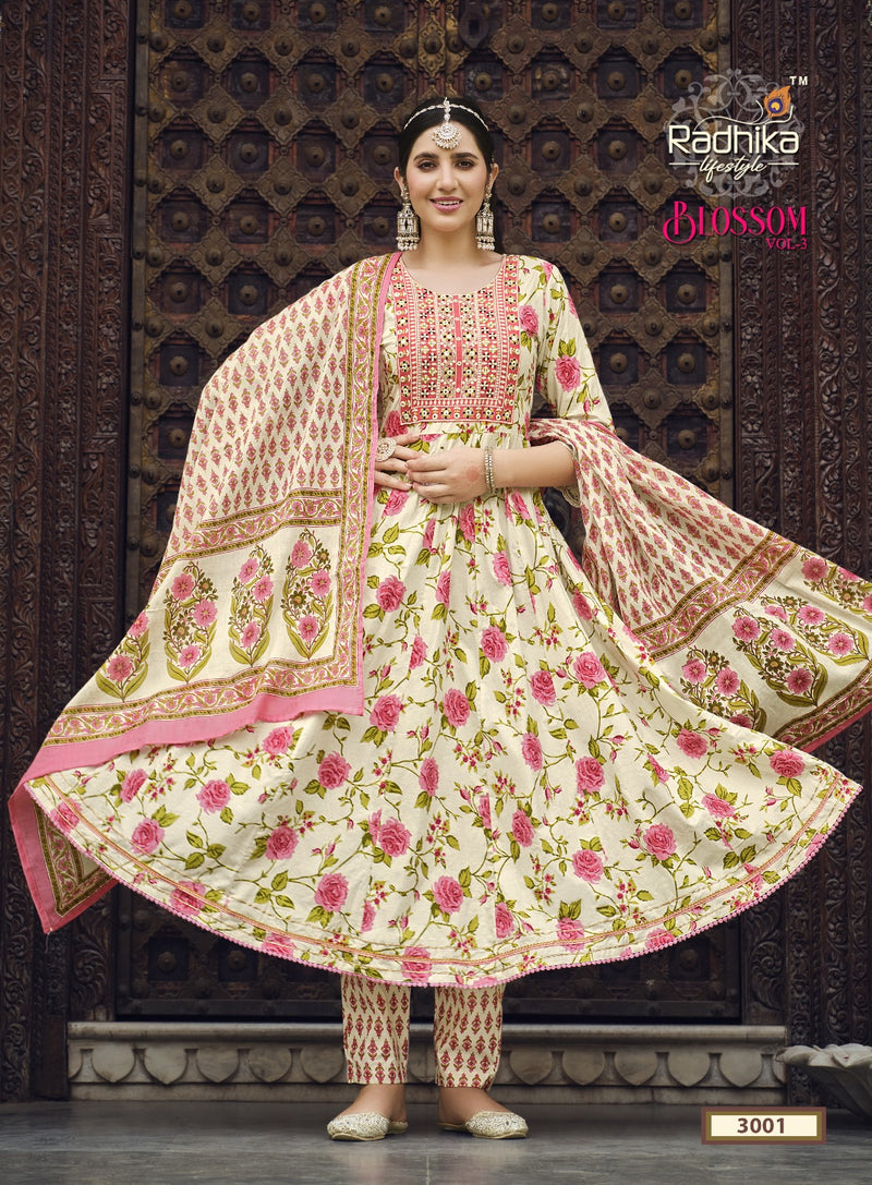 Radhika Life Style Blossom Vol 3 Cotton Print With Embroidery Work Kurti Combo Set