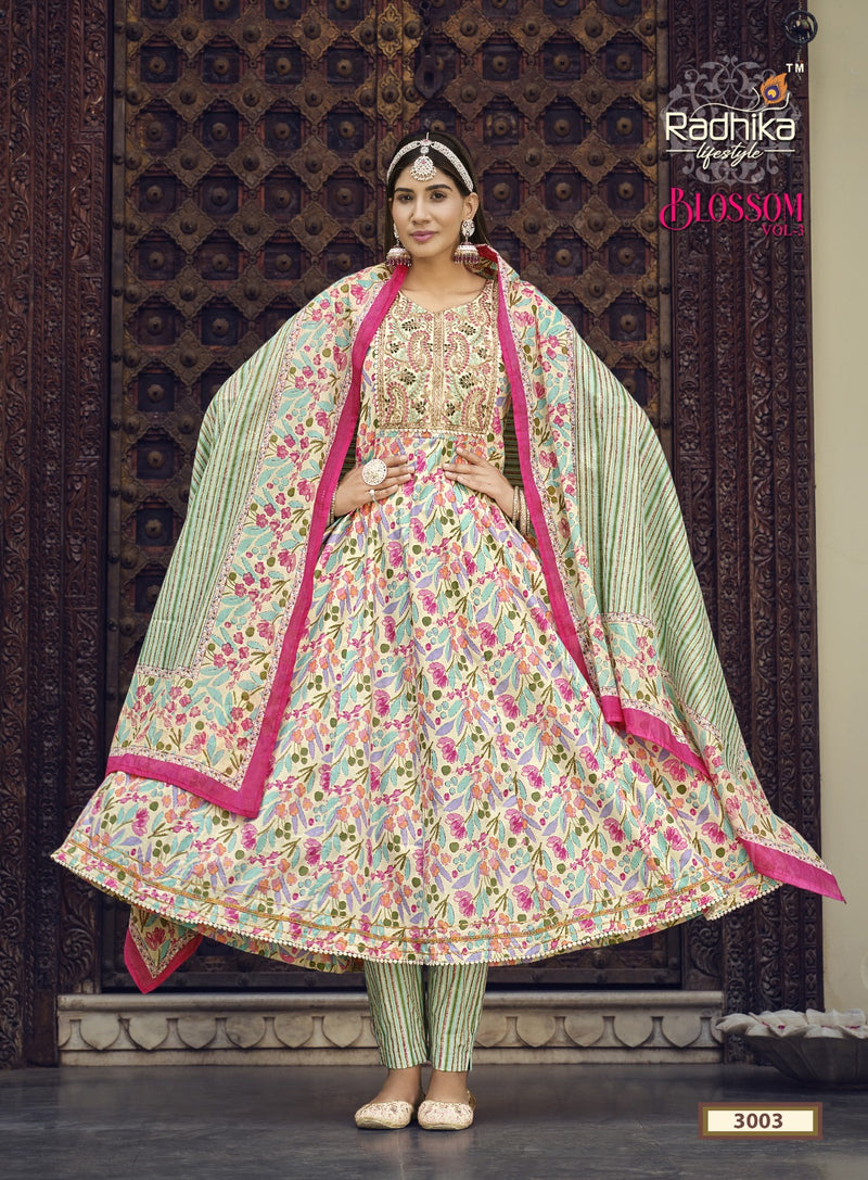 Radhika Life Style Blossom Vol 3 Cotton Print With Embroidery Work Kurti Combo Set