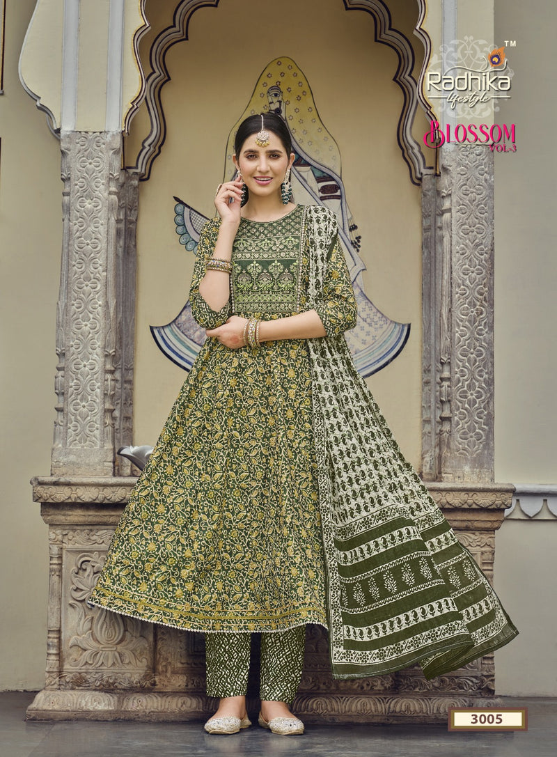 Radhika Life Style Blossom Vol 3 Cotton Print With Embroidery Work Kurti Combo Set