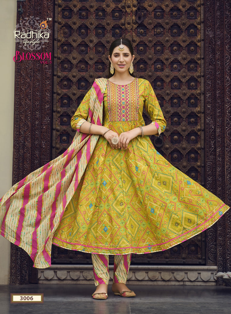 Radhika Life Style Blossom Vol 3 Cotton Print With Embroidery Work Kurti Combo Set